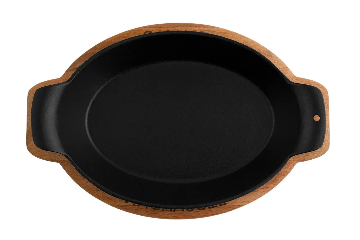 Sallys Gusseisen - Servierpfanne oval 18 x 24 cm - mit Echtholzuntersetzer